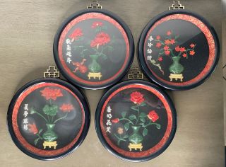 Funky Retro Vintage Asian Lacquered Soapstone 4 Seasons Wall Plaques Taiwan