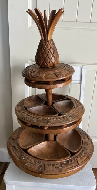 Vintage 3 Tier Hand Carved Monkey Pod Pineapple Lazy Susan Serving Party Tray