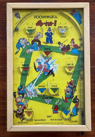 1930s Northwestern Poosh - M - Up Jr Pinball Bagatelle Wood & Glass Table Top Game