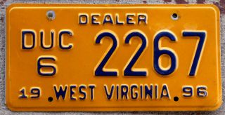 1996 Blue On Orange West Virginia Car Dealer [duc] License Plate