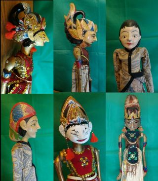 Six Indonesian Rod Puppets Wayang Golek Java Shadow Hand Carved Wooden Dolls