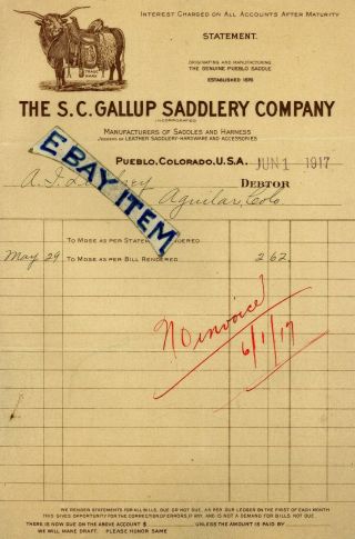 1917 Statement S.  C.  Gallup Saddlery Pueblo Colorado Manufacturer Saddle Wimmer