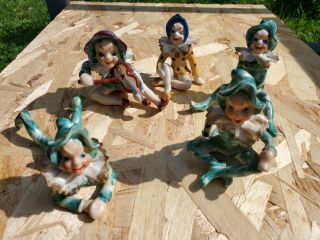 5 1950s Vintage Japan Ries Ceramic Green Pixie Elf Figurines Occupied Rare