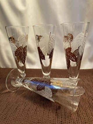 Vintage Pilsner Beer Glasses With Gold And White Leaves - Set Of 4