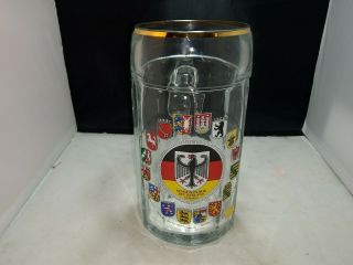 Glass Beer Stein,  Made In Austria,  Gold Rim,  Coat Of Arms.