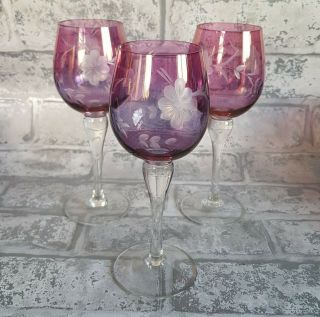 Set Of 3 Vintage Pink Purple Wine Glasses.  Flower Etched.  Retro,  Very Pretty