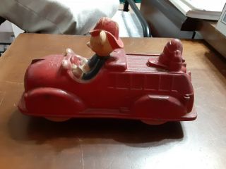 Vintage Walt Disney Mickey Mouse Sun Rubber Products Toy Fire Truck With Donald