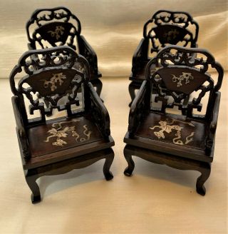 Set 4 Miniature Rosewood Chairs Dollhouse Furniture Wood Inlaid Mother - Of - Pearl