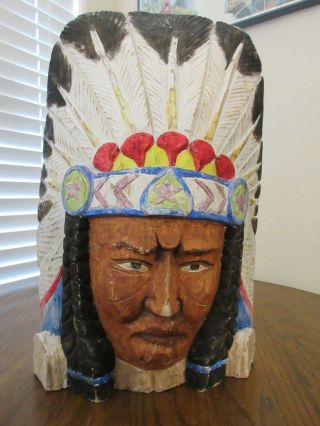 Hand Carved & Painted Native American Indian Chief Head Bust Cigar Store Bust