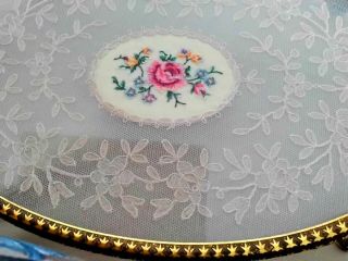 VINTAGE PETIT POINT LACE AND GLASS BRASS DRESSING TABLE TRAY WITH FILIGREE ⚘ 2