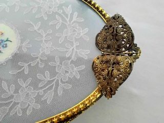 VINTAGE PETIT POINT LACE AND GLASS BRASS DRESSING TABLE TRAY WITH FILIGREE ⚘ 3