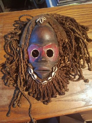 Vintage 10 " Authentic African Mask With Rope Hair And Shell Beads