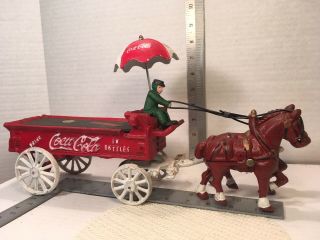 Coca Cola Cast Iron Delivery Wagon 2 Horses Driver Umbrella No Bottle Crates