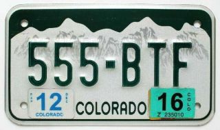 Colorado 2016 Motorcycle License Plate,  555 Btf
