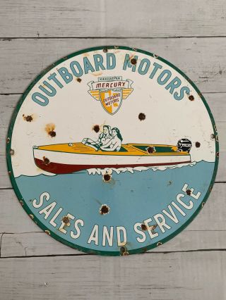 Vintage Outboard Motors Porcelain Sign Gas Oil Sales Service Mercury Pump Plate