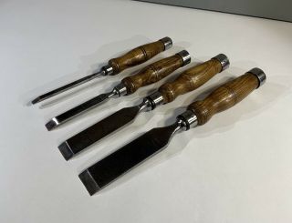 4 Vintage Mortice Wood Chisels With Ash Handles And Steel End Caps All Sharpened