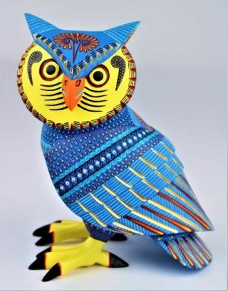 Oaxacan Wood Carving Rene Xuana Blue Owl Bird Oaxaca Mexican Folk Art Alebrije