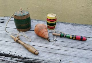 Old Vtg Primirive Mexican Wooden Child Toys 2 Cup And Ball & Spinning Toy Mexico