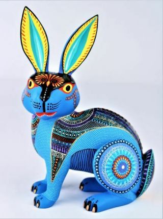 Oaxacan Wood Carving Rene Xuana Blue Rabbit Oaxaca Mexican Folk Art Alebrije