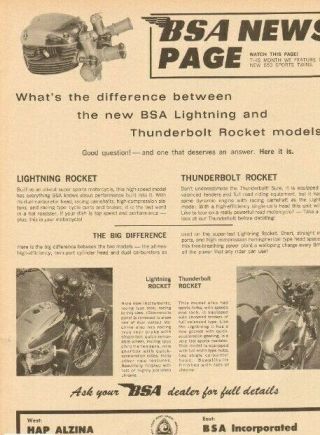 1964 Bsa Lightning Rocket Vs.  Bsa Thunderbolt Rocket Vintage Motorcycle Ad
