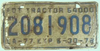 Louisiana La License Plate Tag Vintage 1977 Pot Tractor 64000 2081908 Y