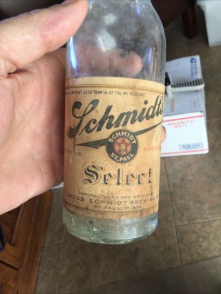 Schmidt Select Beer Bottle 1932 St Paul Minn.  Mn 12 Oz Prohibition Paper Label