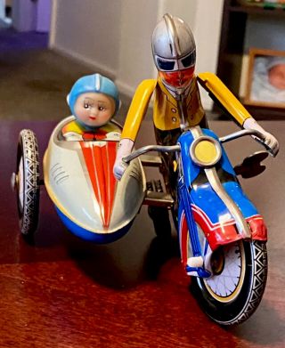 1960s Tin Clockwork Windup Motorcycle With Sidecar,  Collector