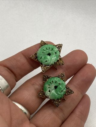 Vtg Chinese Gold Gilt Silver Filigree Carved Green Jade Star Screwback Earrings