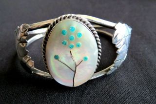 Vtg Zuni Style Sterling Silver Cuff Bracelet W Mother Of Pearl Inlay Turquoise