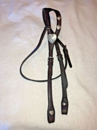 Vintage Circle Y Dark Oil Show Headstall Bridle With Silver Heart Conchos