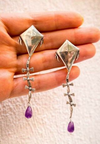 Extra Long Kite Earrings Sterling Silver & Amethyst By Gabriela Sanchez Mexican