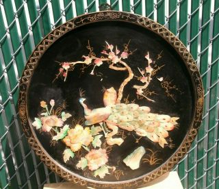 Vtg Chinese Wall Art Round Lacquer Mother Of Pearl Shell Plaque Peacock Bird 23 "