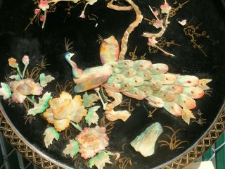 Vtg Chinese Wall Art Round Lacquer Mother of Pearl Shell Plaque Peacock Bird 23 