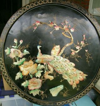 Vtg Chinese Wall Art Round Lacquer Mother of Pearl Shell Plaque Peacock Bird 23 