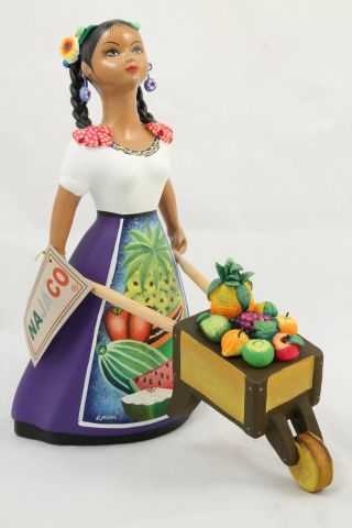 Lupita Najaco Ceramic Doll Figurine Mexico Cart Fresh Fruit Basket Plum