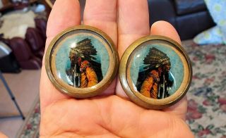 55 - 34 - Pair Vintage Domed Glass Rosettes Indian Chief In Full Dress