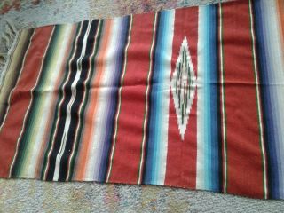 Vtg Early Mexican Serape Saltillo Hand Woven Wool Blanket Rug Rusty Red 60x24 "