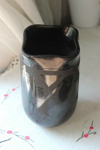 Vintage Black On Black Signed Native American Santa Clara Pueblo Pottery Vase