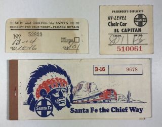 1961 Santa Fe The Chief Way Train Ticket,  Passes,  And Receipts Cincinnati To La