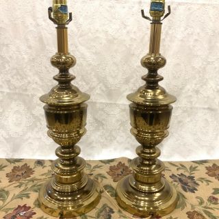Pair 2 21” Vintage Stiffel Style Brass Lamp Mid Century Modern Table Light 3 Way