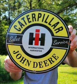 Old Vintage Caterpillar John Deere Salels Tractor Heavy Metal Porcelain Sign