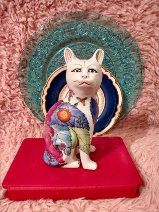 Vintage Gorgeous Chinese Tobacco Leaf China Cat Figurine,  Chinoiserie Porcelain 2