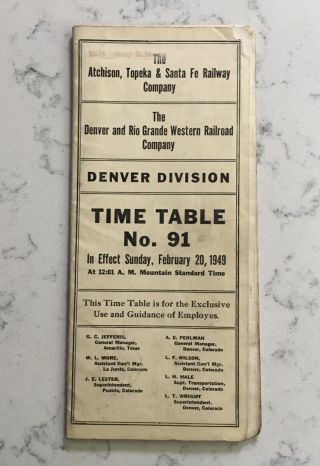 Vintage Railroad Employee Timetable Atchison Topeka & Santa Fe Rr Denver 1949