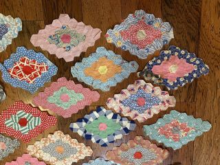 57,  Vintage Quilt Blocks Flower Garden Hexagon Hand Stitched Feed Sack