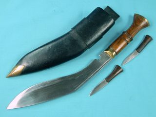 Vintage Old Indian India Nepal Gurkha Kukri Fighting Knife Set 3 W/ Scabbard
