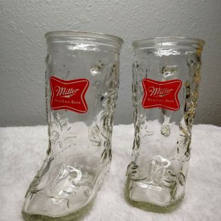 2) Vintage Miller High Life Beer Cowboy Boot Shaped Mug Glass - 12 Oz.  6 " Tall