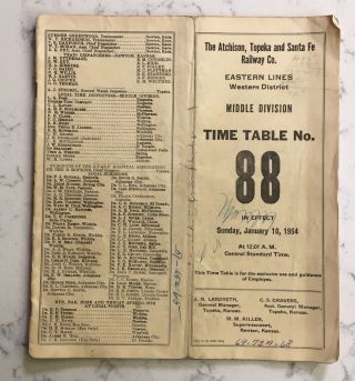 Vintage Railroad Employee Timetable Atchison Topeka & Santa Fe Rr Tt 1954 88