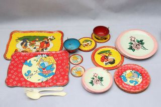 Vintage Toy Metal Tea Set Tin Litho Little Red Riding Hood Tea Cups Plates Tray