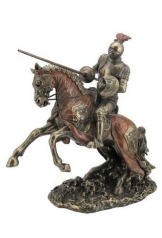 12.  5 " Jousting Armored Knight W/ Eagle Emblem Medieval Statue Sculpture Horse