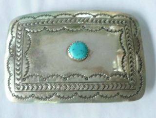Vintage Sterling Silver Belt Buckle With Turquoise Stone